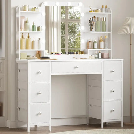 Dressing Table with Mirror, Vanity Desk with 3Color LED Lights Adjustable Brightness, 7 Fabric Drawers, 6Layer Shelves, Modern by zapcart