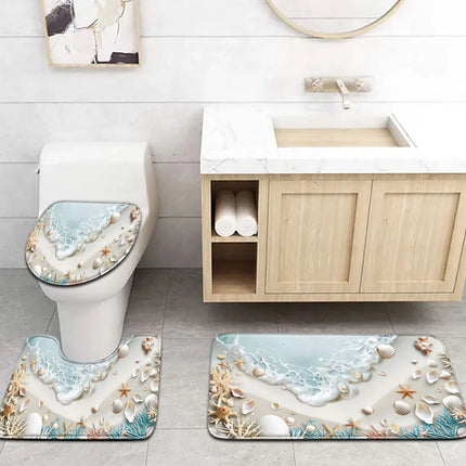 Beach Seaweed and Shell Bathroom Set - Soft Non Slip Contour Mat, Toilet Lid, and Bath Mat, Suitable for Beach Style Home Decor by zapcart