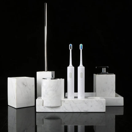 Volakos White Natural Marble Bathroom Set Soap Dispenser Soap Dish Toilet Brush Tissue Box Tray Bathroom Accessories by zapcart