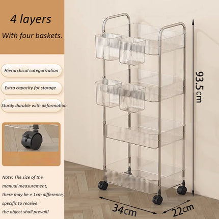 Light Luxury Storage Rack Trolley 2/3/4 Layers Transparent Acrylic Rolling Cart With Removable Hanging Baskets Snacks Bookshelf by zapcart