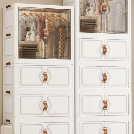 Foldable Child's Wardrobe Double Doors Large Capacity Storage Cabinet Simple Design Portable Organizer with Wheels for Kids Room by zapcart