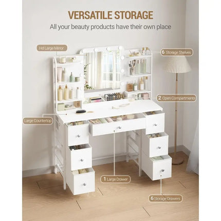 Dressing Table with Mirror, Vanity Desk with 3Color LED Lights Adjustable Brightness, 7 Fabric Drawers, 6Layer Shelves, Modern by zapcart