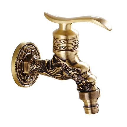 Carved Wall Mount Bibcock Brass Retro Tap Decorative Outdoor Garden Taps Washing Machine Mop Luxury Antique WC Faucet by zapcart