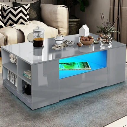 Gloss Coffee Table, Coffee Table with Storage, Coffee Tables for Living Room with Led RGB Lights 2 Drawer Storage and Open Shel by zapcart