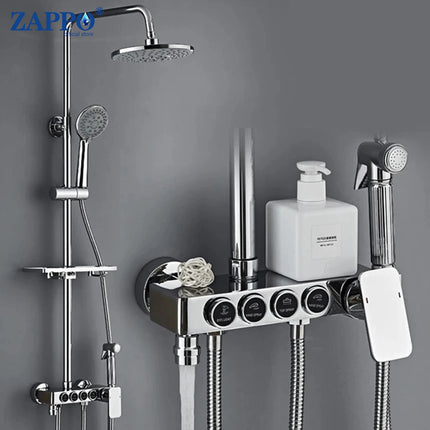 ZAPPO White Gold Digital Shower Set Brass Bathroom Fixture Hot Cold Bathroom Rain Shower Head Shower System with Bidet Faucet by zapcart