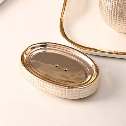 4 Pieces Rose Gold Ceramic Tooth Brushing And Washing Set Soap Dish Liquid Dispenser Shampoo Bottle Bathroom Accessories by zapcart