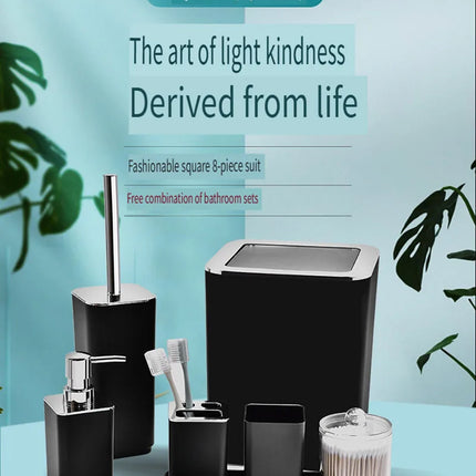 8Pcs/Set Soap Dispenser Box Toilet Brush Lotion Bottle Trash Can Bamboo Plastic Bathroom Storage Set Toothbrush Cup Holder by zapcart