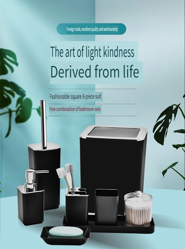 8Pcs/Set Soap Dispenser Box Toilet Brush Lotion Bottle Trash Can Bamboo Plastic Bathroom Storage Set Toothbrush Cup Holder by zapcart