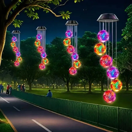 1pc Solar Powered Color Changing Pink Embroidered Ball Flower Wind Chime Light Waterproof Outdoor Night Light Hanging Solar Lamp by zapcart