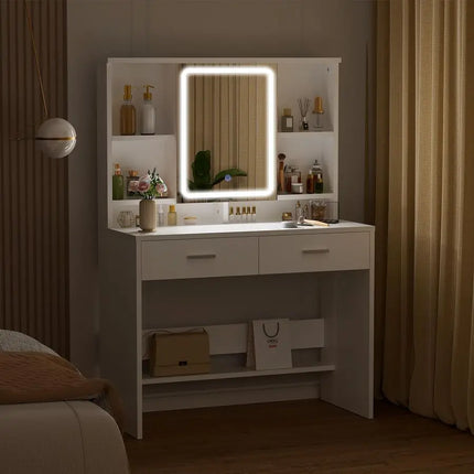 Dressing Table with LED Light,Vanity Desk with Mirror,Adjustable Brightness,Makeup Desk with Jewellery Storage and Open Shelves by zapcart