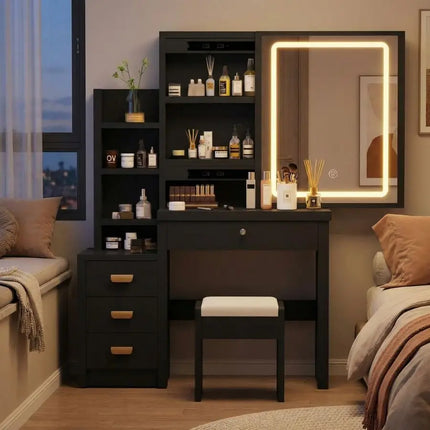 Table with Mirror and Stool, Vanity Table with LED Lights and Adjustable Brightness, Vanity Desk with Mirror, Makeup Desk for B by zapcart