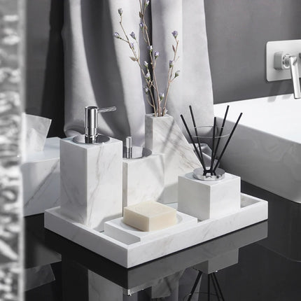 Volakos White Natural Marble Bathroom Set Soap Dispenser Soap Dish Toilet Brush Tissue Box Tray Bathroom Accessories by zapcart