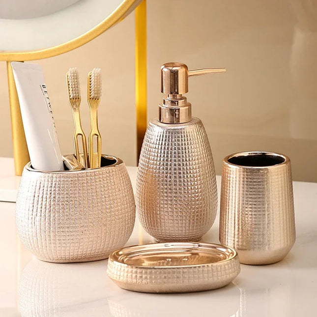 4 Pieces Rose Gold Ceramic Tooth Brushing And Washing Set Soap Dish Liquid Dispenser Shampoo Bottle Bathroom Accessories by zapcart