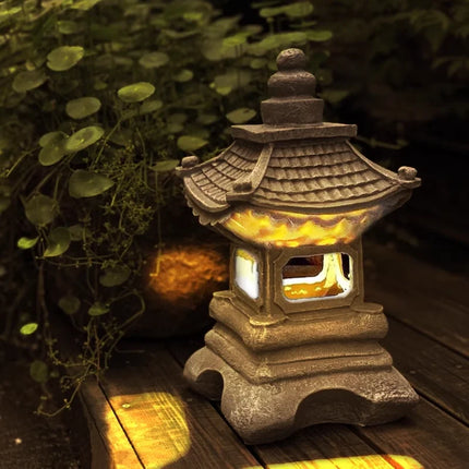 Solar Powered Japanese Pagoda Lantern Waterproof Outdoor Garden Decor Light Automatic Luminescence Zen Style Yard Pathway Lamp by zapcart