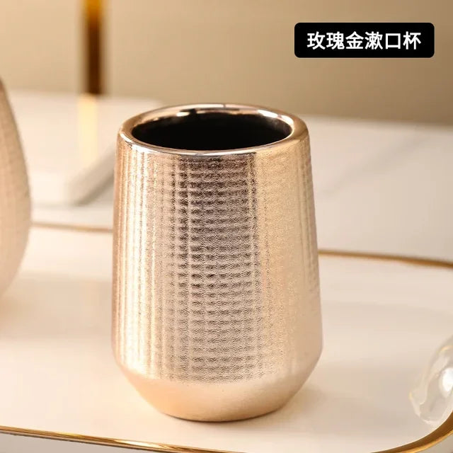 4 Pieces Rose Gold Ceramic Tooth Brushing And Washing Set Soap Dish Liquid Dispenser Shampoo Bottle Bathroom Accessories by zapcart