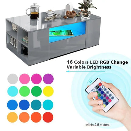 Gloss Coffee Table, Coffee Table with Storage, Coffee Tables for Living Room with Led RGB Lights 2 Drawer Storage and Open Shel by zapcart