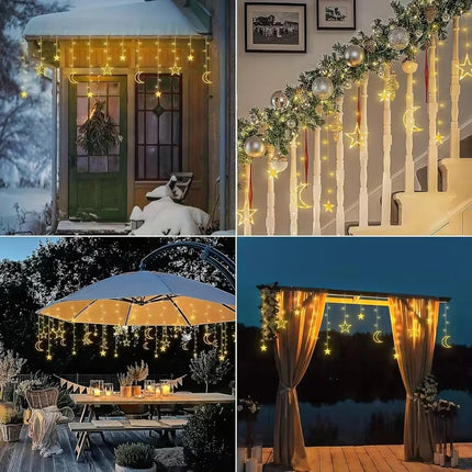 Solar Powered Star Moon LED Curtain String Light 8 Modes Hanging Fairy Garland Light for Garden Wedding Party Ramadan Decoration by zapcart
