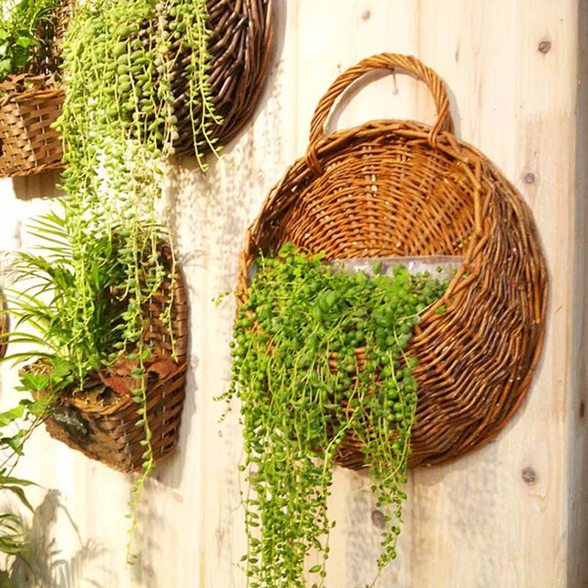 Hand Made Wicker Rattan Flower Planter Wall Hanging Wicker Rattam Basket Garden Vine Pot Plants Holder Garden Pots Wall Planter by zapcart