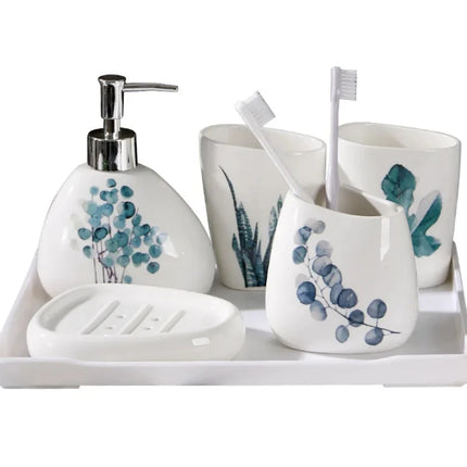Green Nordic Ceramic Bathroom Set - Soap Dispenser, Toothbrush Holder, Tumbler & Soap Dish for Stylish Bathroom Organization by zapcart