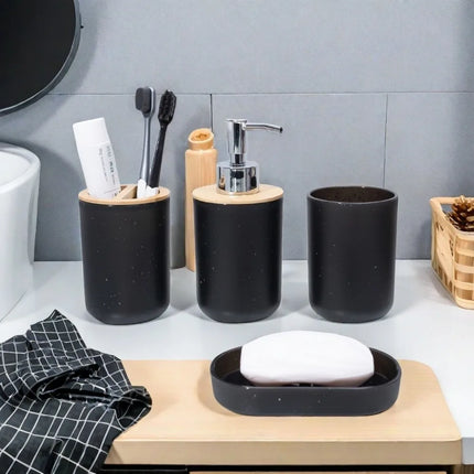 4Pcs/Set Soap Dispenser Box Toilet Brush Lotion Bottle Trash Can Bamboo Plastic Bathroom Storage Set Toothbrush Cup Holder by zapcart