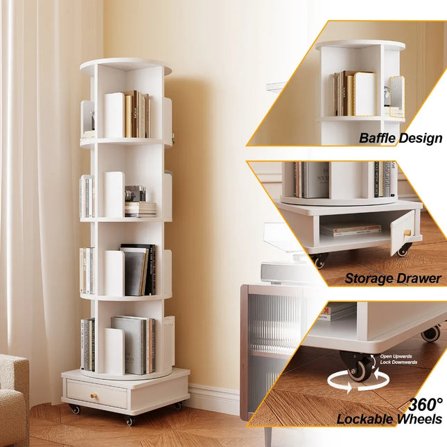 4 Layers Rotating Bookshelf 360 Degree Floor Bookcase Diaplay Storage Shelf Space Saving Home Organizer Wood Corner Bookshelf by zapcart