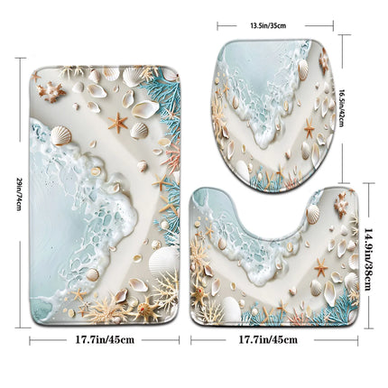 Beach Seaweed and Shell Bathroom Set - Soft Non Slip Contour Mat, Toilet Lid, and Bath Mat, Suitable for Beach Style Home Decor by zapcart