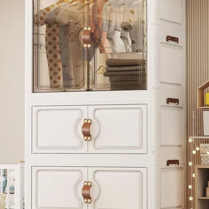 Foldable Child's Wardrobe Double Doors Large Capacity Storage Cabinet Simple Design Portable Organizer with Wheels for Kids Room by zapcart