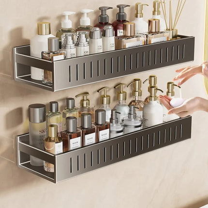 Gun Gray Wall Mounted No Drill Bathroom Shelf Shower Storage Rack Toilet Vanity Organizer Bathroom Accessories by zapcart