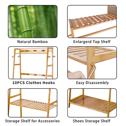 Bamboo Clothes Rail Stand Garment Rack Heavy Duty with 3 Tier Storage Shelves by zapcart