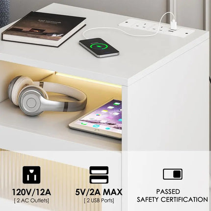 Bedside Table with Charging Station, Bedside Cabinet with Led Lights, 2 AC Outlets and 2 USB Ports, Nightstand with 2 Drawers,1 by zapcart