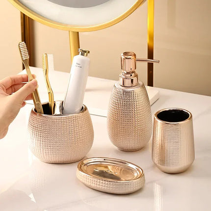 4 Pieces Rose Gold Ceramic Tooth Brushing And Washing Set Soap Dish Liquid Dispenser Shampoo Bottle Bathroom Accessories by zapcart