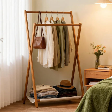 Foldable wooden clothes hanger, bedroom clothes hanger, thick hanging pole, cotton and linen storage bag, simple decorative rack by zapcart