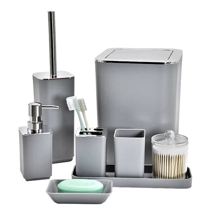 8Pcs/Set Soap Dispenser Box Toilet Brush Lotion Bottle Trash Can Bamboo Plastic Bathroom Storage Set Toothbrush Cup Holder by zapcart