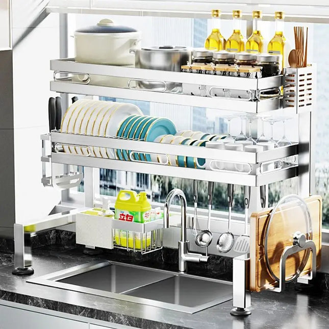 Stainless Steel Sink Shelf Bowl Drain Rack Kitchen Storage Rack Multifunctional Dish Cutlery Knife Spoon Sink Rack Set Organizer by zapcart