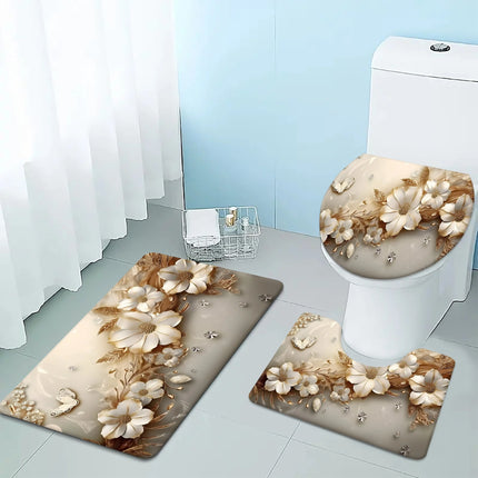 Luxury Gold Flower and Diamond Bathroom Set - Soft and Non Slip Contour Mat, Toilet Lid, and Bath Mat for Elegant Home Decor by zapcart