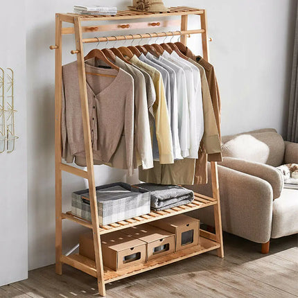 Bamboo Clothes Rail Stand Garment Rack Heavy Duty with 3 Tier Storage Shelves by zapcart