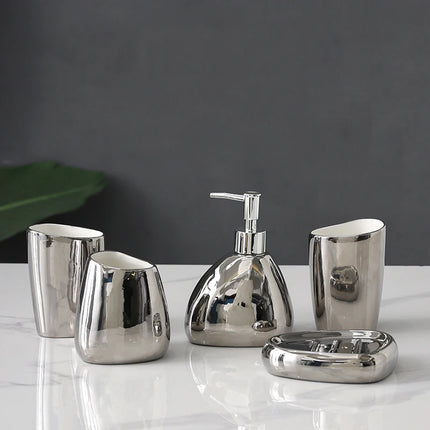 4/5 Pcs Modern Ceramic Bathroom Accessory Set with Pump Dispenser Tumbler Toothbrush Holder and Soap Dish Bathroom Supplies by zapcart