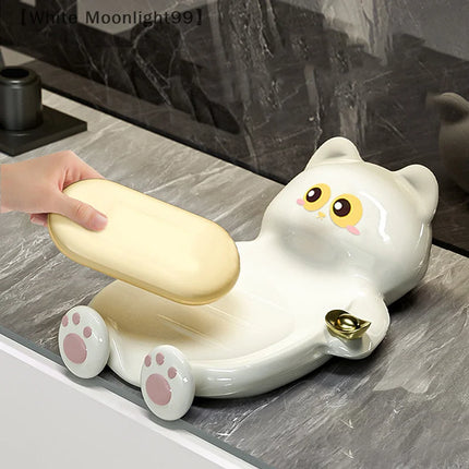 1pc Cute Cat Soap Dish, Creative Home Bathroom Soap Draining And Storage Tray, Lucky Cat Soap Box Bathroom Accessory. by zapcart