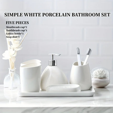 4/5 Pcs Modern Ceramic Bathroom Accessory Set with Pump Dispenser Tumbler Toothbrush Holder and Soap Dish Bathroom Supplies by zapcart