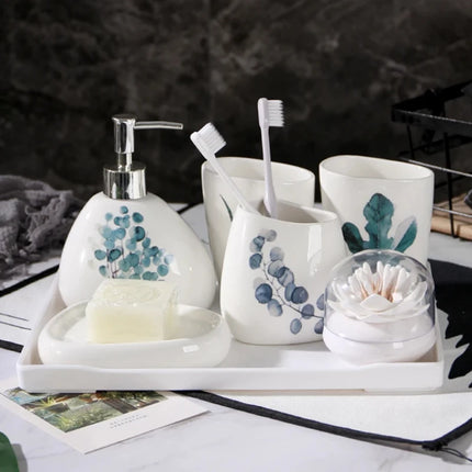 Green Nordic Ceramic Bathroom Set - Soap Dispenser, Toothbrush Holder, Tumbler & Soap Dish for Stylish Bathroom Organization by zapcart