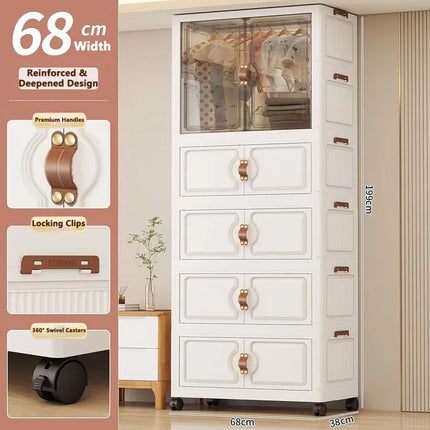 Foldable Child's Wardrobe Double Doors Large Capacity Storage Cabinet Simple Design Portable Organizer with Wheels for Kids Room by zapcart