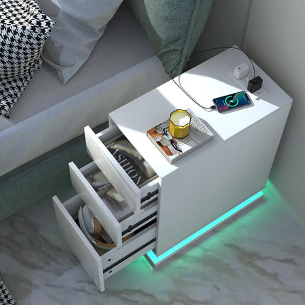 Bedside Table with 3 Drawers Bedside Cabinet with Light Wood Bedside Table with Charging Station 2AC/2USB Narrow Drawer Cabinet by zapcart
