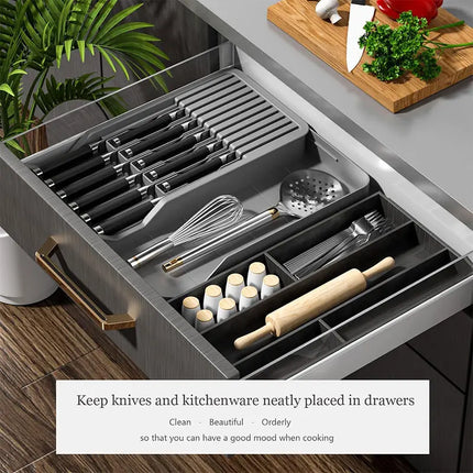 Knife Block Holder with Expandable Organizer Storage Tray for Kitchen Countertop Retractable Knife Organizer Drawer Insert by zapcart