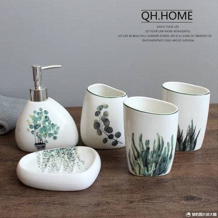 Green Nordic Ceramic Bathroom Set - Soap Dispenser, Toothbrush Holder, Tumbler & Soap Dish for Stylish Bathroom Organization by zapcart
