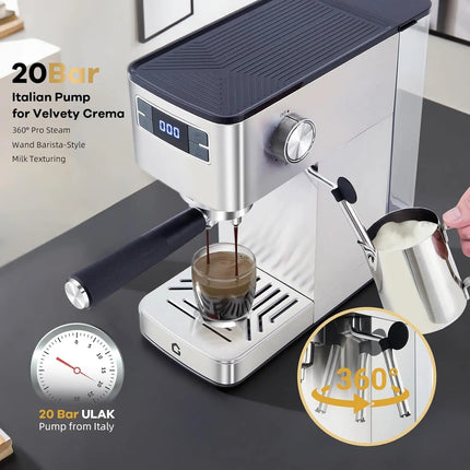 20 Bar Espresso Machine With Milk Frother, Compact Stainless Steel Coffee Maker, Pressure Gauge, All-in-One Barista Kit For Home by zapcart