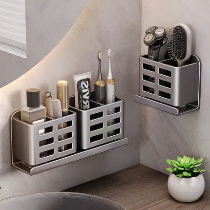 Bathroom Toothbrush And Toothpaste Storage Rack Washroom Wall-mounted Punch-free Washbasin Cosmetics Razor Comb Shelf by zapcart