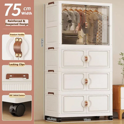 Foldable Child's Wardrobe Double Doors Large Capacity Storage Cabinet Simple Design Portable Organizer with Wheels for Kids Room by zapcart