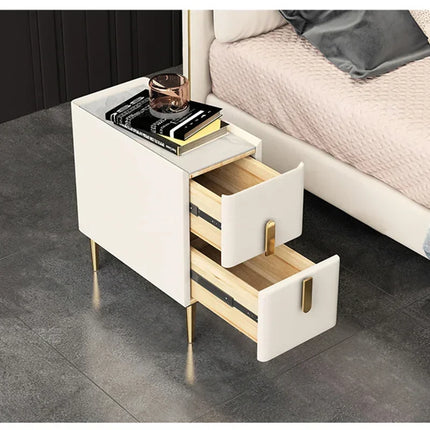 Nordic Style Bedroom Bedside Table Modern Mini Narrow Rock Surface Nightstand Self-Contained 2 Drawers Wooden Tables by zapcart