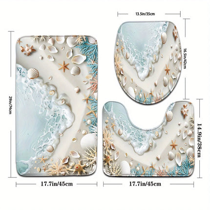 Beach Seaweed and Shell Bathroom Set - Soft Non Slip Contour Mat, Toilet Lid, and Bath Mat, Suitable for Beach Style Home Decor by zapcart
