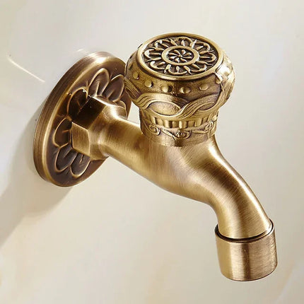 Carved Wall Mount Bibcock Brass Retro Tap Decorative Outdoor Garden Taps Washing Machine Mop Luxury Antique WC Faucet by zapcart